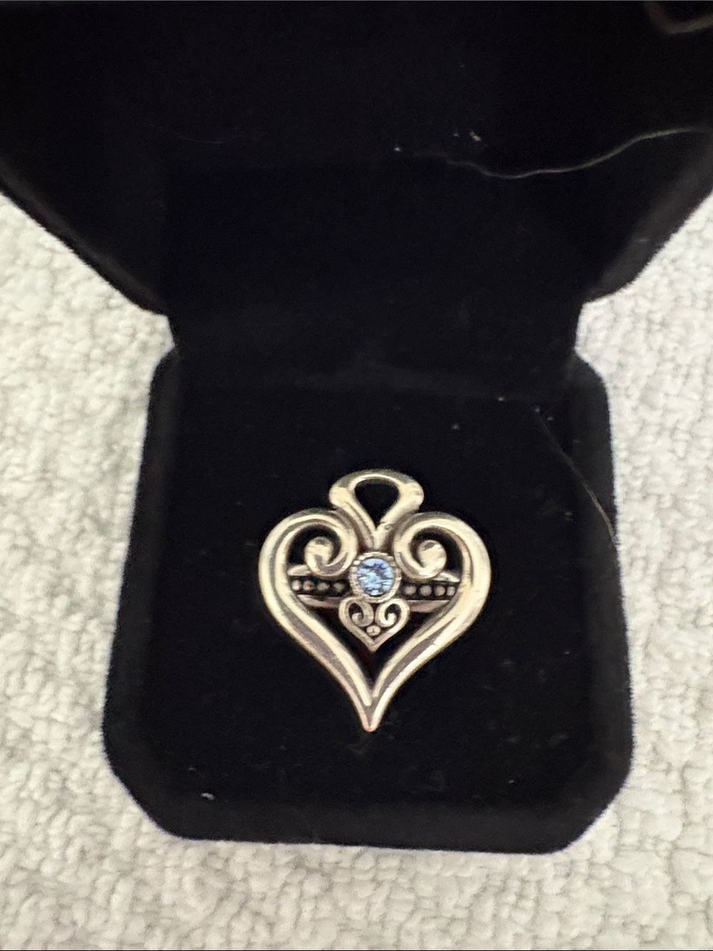 Silver Brighton  Heart Filigree ring with Blue Stone